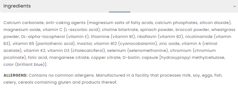 Съдържание на Applied Greens Multivitamin 60 caps
